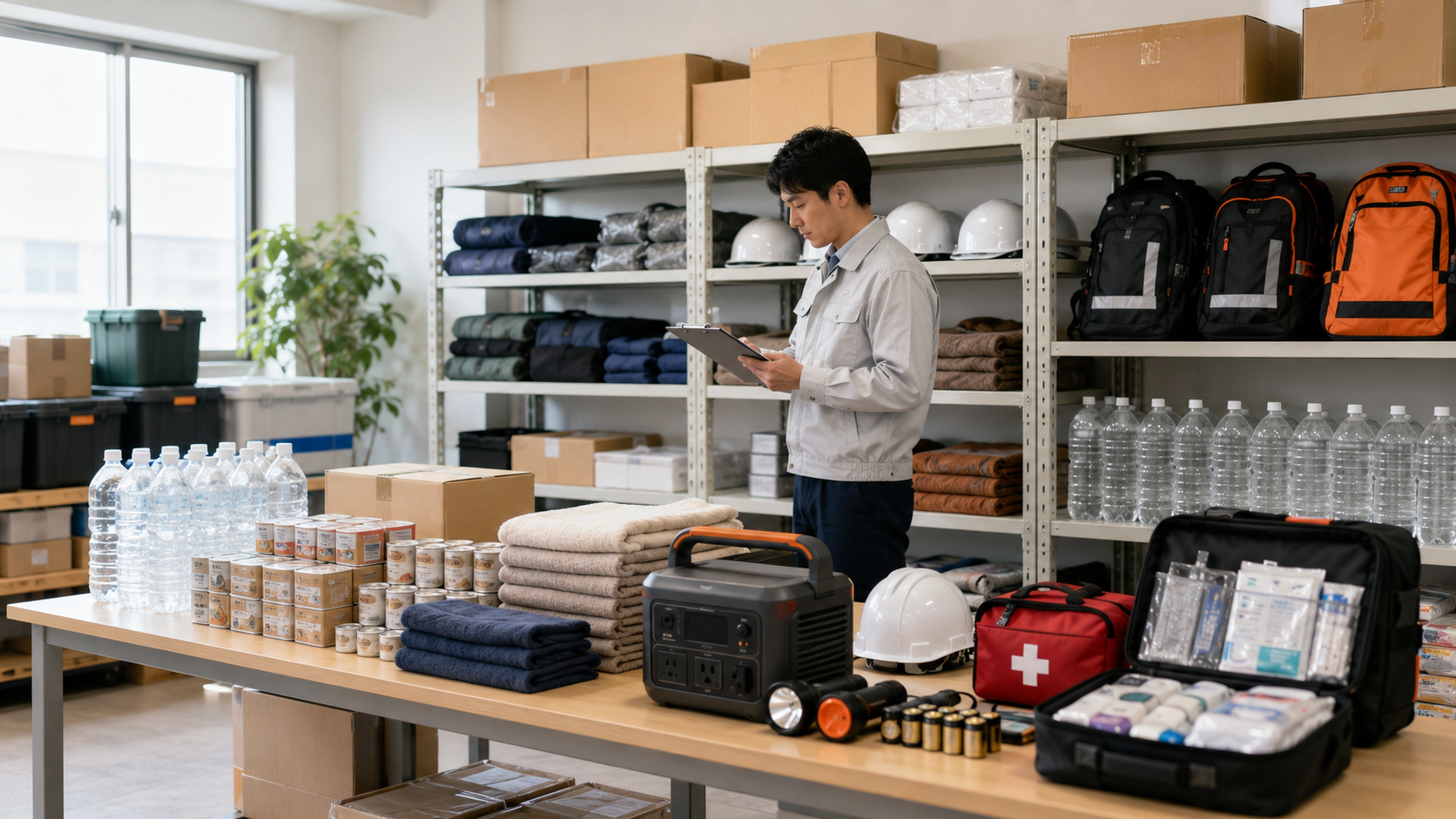 企業向け防災備蓄品を担当者が確認している様子